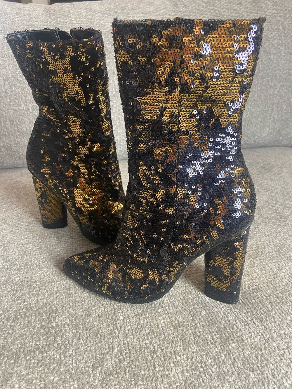 Sequin Mid-Calf Block Heel Boots - Black & Gold size 8